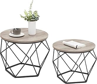 VASAGLE Coffee Table, Set of 2 Side Tables, Sturdy Steel Body, for Living Room, Bedroom, Greige and Black LET040B02