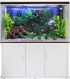 Monster Shop Large Fish Tank White 4ft 300L 65 Gal Aquarium Marine Tropical Saltwater Freshwater. White Cabinet Storage Stand. Natural Gravel. Filter, Air Pump, Heater, LED Light Tank Accessories…