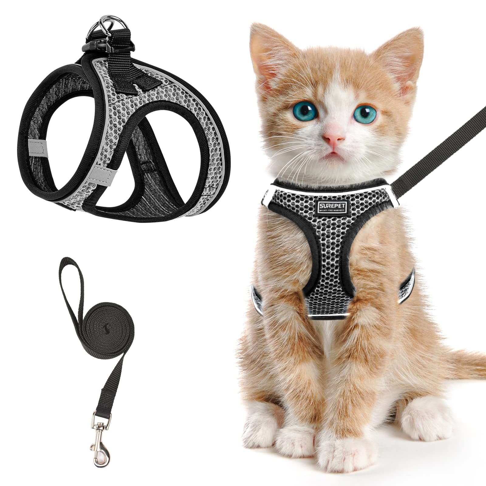 Cat Harness and Leash for Walking Escape Proof, Adjustable Kitten Vest Harness Reflective Soft Mesh Puppy Harness for Outdoor, Comfort Fit, Easy to Control (Gray, XS)