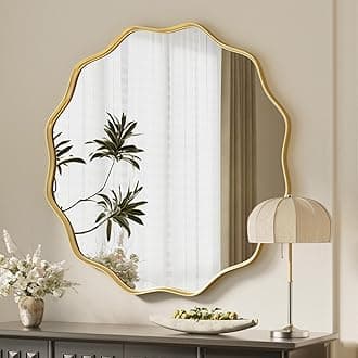 VooBang Gold Scalloped Circle Mirror, 30" Wavy Edge Round Wall Mirror with Tempered Glass Textured Circular Metal Deep Frame, Hanging Leaning for Bathroom, Hallway, Entryway, Livng Room