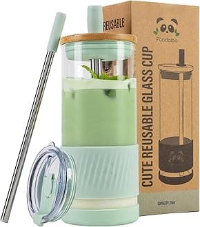 Pandaloo® Glass Cups With Lids and Straws -20 Fl Oz- Perfect Size Iced Coffee Cup - Smoothie Cup With Bamboo Lid and On the go Lid (Sweet Sage, 1 Count (Pack of 1)ClimeCo Certified