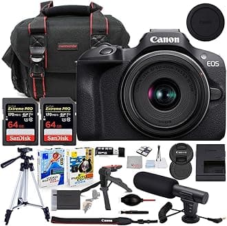 Canon EOS R100 Mirrorless Camera with 18-45mm Lens Bundle with Commander Gear Bag + Microphone + 2X 64GB Extreme Memory Cards + Accessory Kit