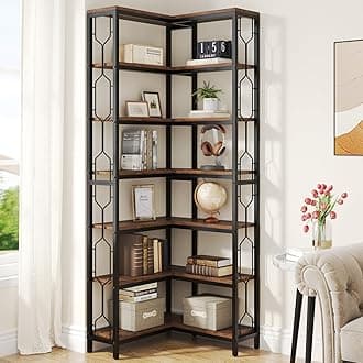 Tribesigns Corner Shelf, 7-Tier Industrial Corner Bookshelf, Wood and Metal Etagere Bookcase, Freestanding Display Shelf for Living Room, Kitchen, Home Office, Rustic Brown | Corner Bookshelf, Etagere Bookcase, Display Shelf, Living Room, Kitchen, Home Office