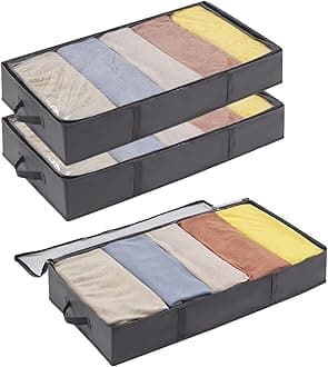 Lifewit 3 Pack 65L Under Bed Storage, Underbed Storage Boxes with lid Clothes Storage Bag Wardrobe Storage Organiser with Reinforced Handle, PVC Window for Duvet, Blanket, Clothing, Shoes, Grey