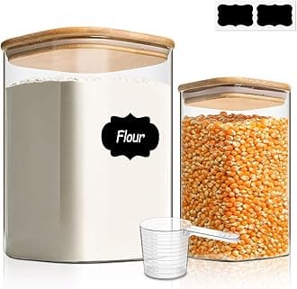 – 3.4L/1.1L Square Glass Jars with Bamboo Lids, Large Glass Storage Jars, Wide Mouth Food Storage Container with Airtight Lids for Flour, Sugar, Rice, Pasta, Oats, Grains, Snacks, Candy