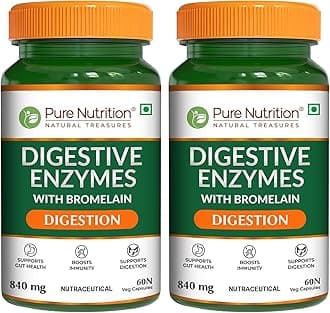 Pure Nutrition Digestive Enzymes | Amylase, Lipase, Protease, Cellulase, Lactase, Bromelain| Better Bioavailability | Supports Digestion & Better Absorption of Food Nutrients - 60 Veg Caps (Pack 2)