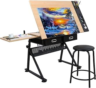 ZENY Adjustable Drafting Table with Drafting Stool Drawing Desk Artist Table Tilted Tabletop and 2 Storage Drawers Art Craft Workstation for Home Offic Reading, Writing, Crafting, Drawing