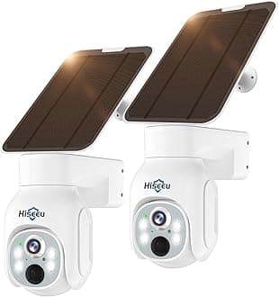 HiseeuWireless Solar Security Camera, 2PCS 4MP Battery Camera Outdoor, PTZ 360° View, PIR Motion Detection, Color Night Vision, IP66, 2-Way Audio, 2.4G WiFi
