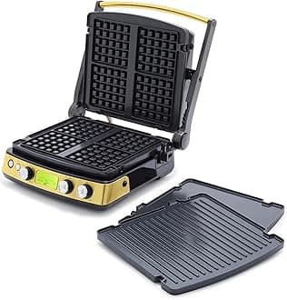 GreenPan Elite 7-in-1 Multi-Function Contact Grill & Griddle, Healthy Ceramic Nonstick Aluminum, Grill & Waffle Plates, Adjustable Shade & Shear, Closed Press/Open Flat Surface, PFAS-Free, Gold