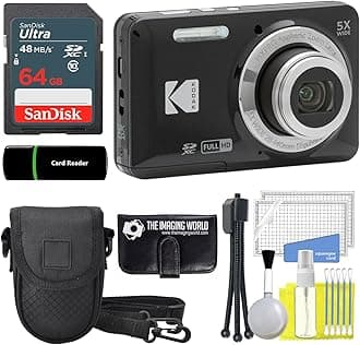 KODAK PIXPRO FZ55 16MP Black Digital Camera, 5x28mm Optical Zoom, 1080P Wide Angle, 2.7" Full HD LCD Camera, 64GB Card & Reader, Case + Memory Wallet + Tripod