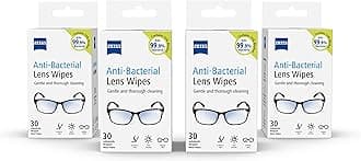 ZEISS Anti-Bacterial Lens Wipes, Lens Cleaner for Glasses, Cameras & Binoculars, Individually Packed Single Use Disposable Cloths in Sachets, Portable Spectacle Cleaning, 70% alcohol - 4 Packs of 30