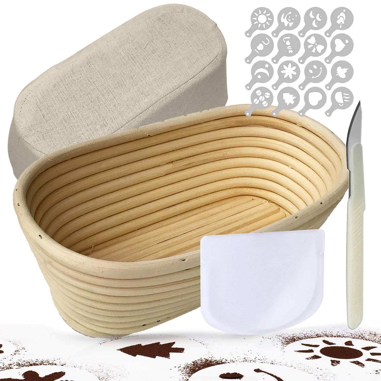 Oval Banneton,Bread Proofing Basket 10 inch,TGetWorth Bread Baking Kit - Includes Dough Scoring Tool, Bowl Scraper, Linen Banneton Cover, 16 Pieces Bread Decor Stencils for Bread Making