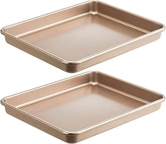 2 Pack 11 x 9 Inch Toaster Oven Pans and Trays, Small Baking Sheet Set for Cooking, Non-Stick Cookie Sheets, Heavy-Duty 0.8mm Thick, Easy to Clean, 1.26 Inch Deep, Gold