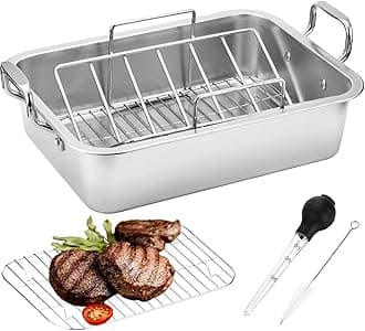 15 Inch Stainless Steel Roasting Pan with V-Shaped Rack and Turkey Baster - Rectangular Roaster for Turkey, Chicken, Vegetables - Fits 20lb Turkey