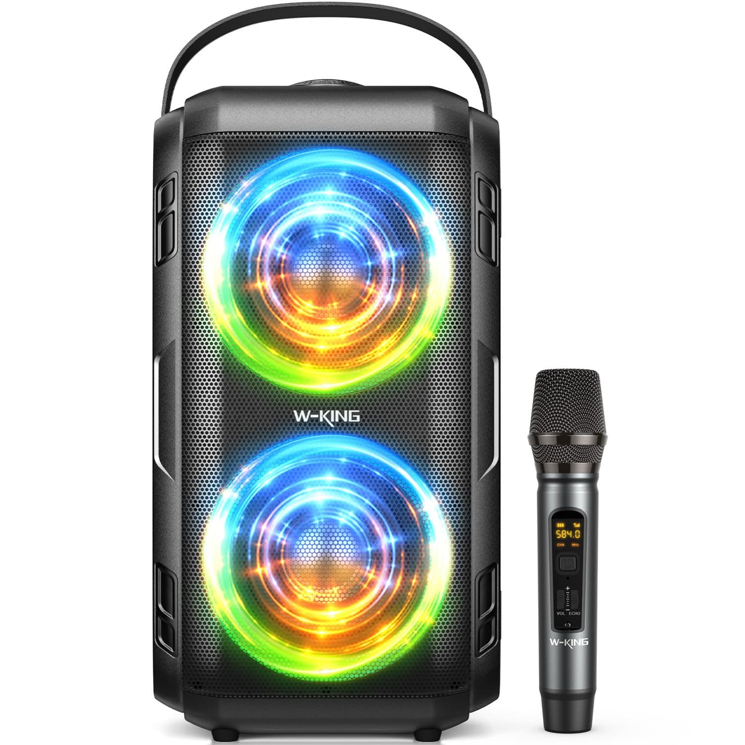 80W Bluetooth Speaker with Wireless Microphone, Portable Loud Party Bluetooth Speaker-2 Full Range Drivers/Deep Bass, 105dB Sound, Adults/Kids with Lights/IPX5/U-Disk/TF/AUX