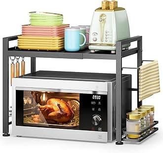 DOLALIKE Microwave Oven Rack, Expandable Microwave Stand Kitchen Countertop Organizer Utensils Storage, Carbon Steel Over Microwave Shelf with 3 Hooks (Black, 2 Tier- With Storage)