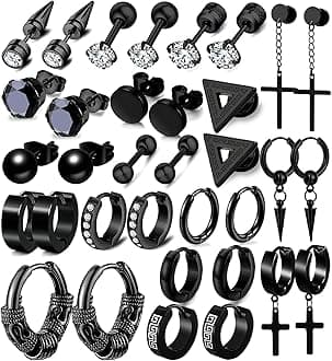 17 Pairs Earrings for Men, Stainless Steel Earrings For Men Sensitive Skin, Fashion Earring Piercing Jewelry Cross Dangle Hoop Earrings Kit Studs Long-lasting Shine