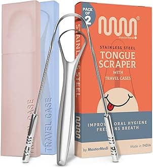 MasterMedi Tongue Scraper with Multicolor Cases (2 Pack), 100% Stainless Steel, Reduce Bad Breath, Easy to Use Tongue Scraper for Adults, Tongue Cleaner for Oral Care & Hygiene