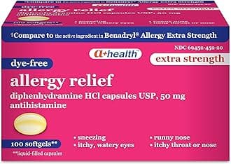 A+Health Dye-Free Extra Strength Allergy Relief Medicine, Diphenhydramine HCl 50mg Softgels, Antihistamine,100 Count