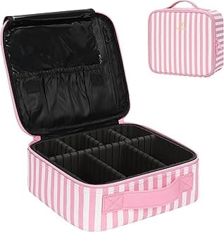 Relavel Travel Makeup Train Case, Cosmetic Case Makeup Organizer, Professional Artist Storage Bag with Adjustable Dividers for Cosmetics Brushes, Birthday Gifts for Girls and Women, Pink Stripe