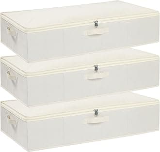 Under Bed Clothes Storage Bgas with Lid, Underbed Drawers with Reinforced Handles for Blanket, Sheets, Clothing, Shoes, Beige, 3-Pack, 60×30×15 cm
