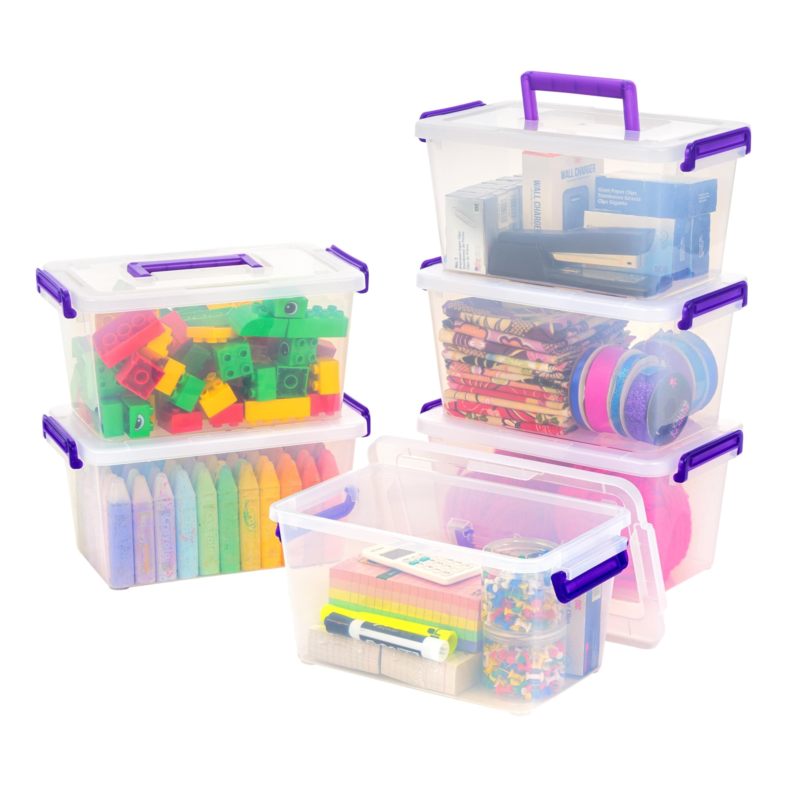 IRIS USA 5 Qt. Plastic Craft Storage Container Bins with Lids, 6 Pack, Small Art & Office Supply Organizer Tote, Sensory Bins & Boxes for Home & University, Stackable, Carry Handle, Clear