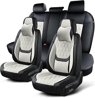 Car Seat Covers Full Set, Breathable Leather Automotive Front and Rear Seat Covers & Headrest, Universal Automotive Vehicle Seat Cover for Most Sedan SUV Pick-up Trucks, Black-White
