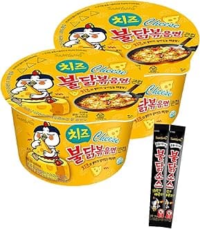 Cheese Buldak stir-fried noodles Big Bowl 2 Pack + Buldak Sauce 2 Stick + wooden chopsticks 2 pairs - Korean Instant Food Spicy Cup Ramen
