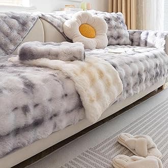 MERRYLIFE Tie Dye Thick Plush Faux Rabbit Fur Sofa Slipcovers 1-Piece Non-Slip Warm Soft Cozy Couch Covers Pillow Covers Furniture Protector(Tie Dye Grey, Sofa Cushion 90 * 180cm)