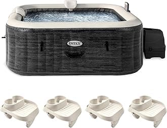 Intex PureSpa Plus 94 Inch x 28 Inch Inflatable Square Hot Tub Spa with Attachable Cup Holder and Set of 4 Refreshment Tray Accessory, Greystone
