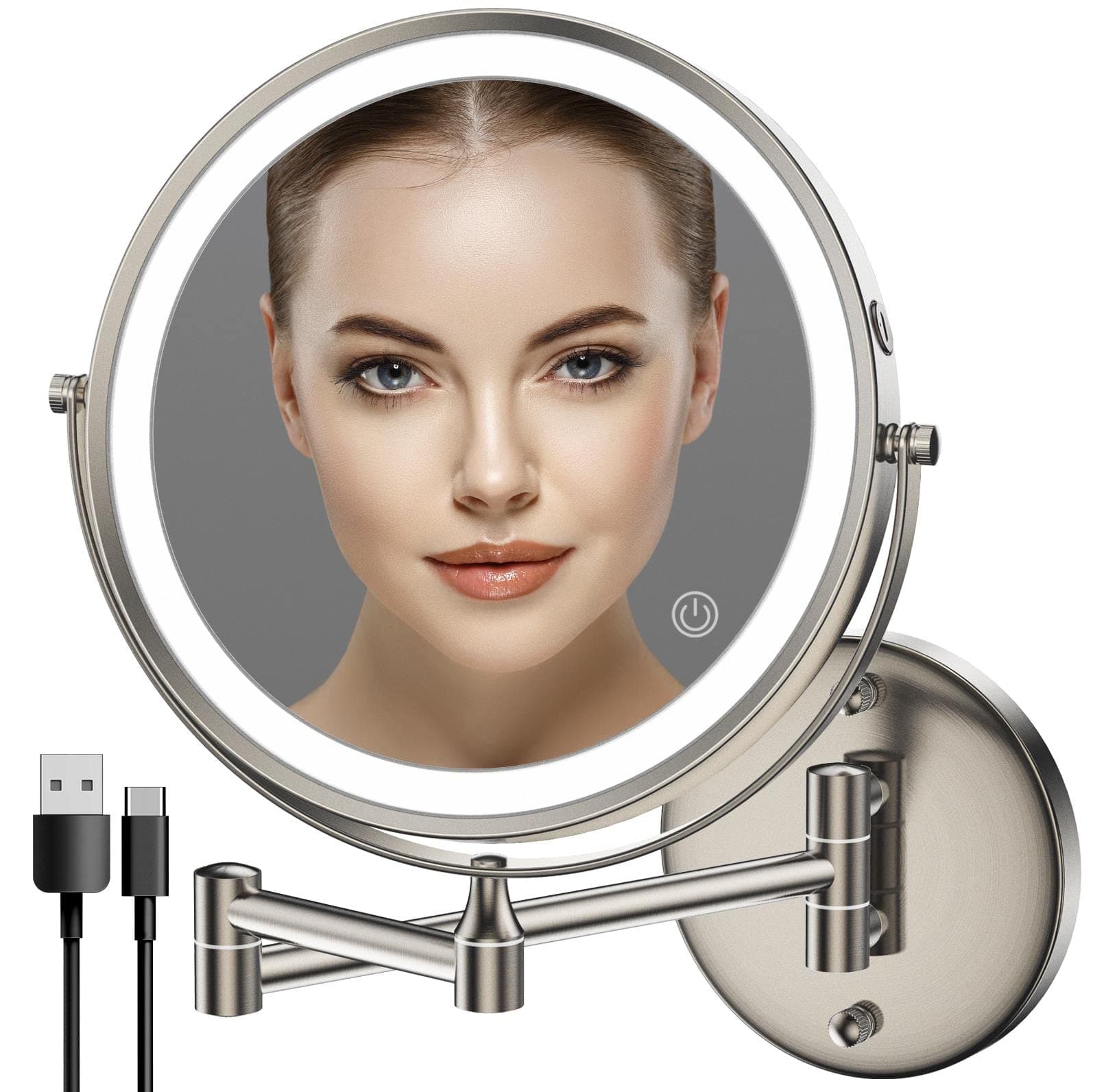 Rocollos Rechargeable Wall Mounted Lighted Makeup Mirror, 8 Inch Double-Sided LED Vanity Mirror 1X/10X Magnification,3 Color Lights Touch Screen Dimmable 360°Swivel 13 Inch Extendable