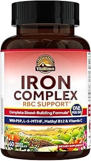 Vitalitown Iron Complex, Complete Blood Building Formula, Ferrous Bisglycinate, Active B6, Folate, B12, Red Blood Cell Support, Best Absorption, Once Daily, 60 Vegan Caps