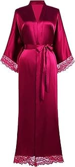 Satin Kimono Robe Silky Long Bridesmaid Wedding Lightweight Bath Robe with Lace Trim