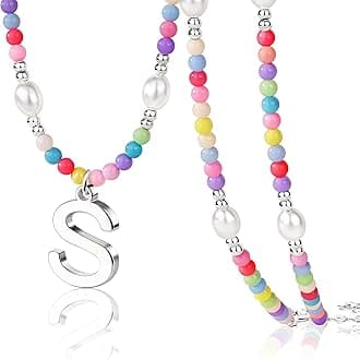 Easter Basket Stuffers for Teen Girls Kids Women, Initial Necklace for Little Girrs Bulk, Toddler Colorful Beaded Pearl Choker with Letter Pendant, Cute Personalized Jewelry Gift for Easter, Party, Birthday