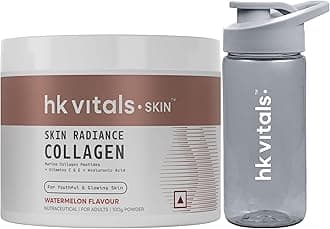 HealthKart hk vitals Skin Radiance Collagen Powder, Marine Collagen (Watermelon, 100 g) Collagen Supplements with Biotin for Healthy Skin, Hair & Nails with Sipper Bottle (Teal, 300 ml)