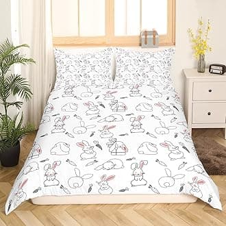 Kawaii Bedding Set, for Kids Girls Cute Cartoon Rabbit Bedding Set, Sketch Carrot Duvet Cover, Kawaii Room Decor, Pink Soft Reversible Comforter Cover Set, Lovely Animal Bedding Comforter, Full Size