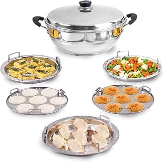 The Indus Valley Stainless Steel Idli Maker/Momo Maker/Multi Kadai/Steamer Set|Large, 5 Plates, 2 Idli|2 Dhokla|1 Steamer|29Cm/11.3 Inch, 4.2Ltr, 2.5Kg|3-Layer Thick Bottom|Induction Friendly
