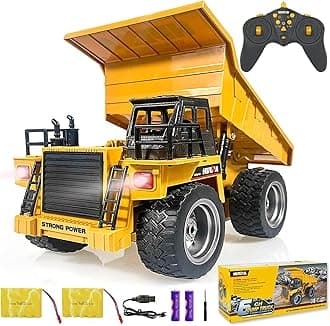 Remote Control Construction Dump Truck Toy 2.4G RC 6 Channel Bulldozer 4 Wheel Driver Mine Construction Alloy Metal Vehicle Truck 1:18 with 2 Rechargeable Batteries for Boys Birthday Gift Age 6+