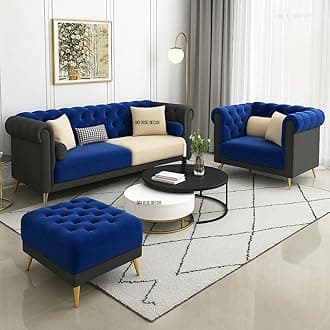 Modern Classic Sofa Couch Fabric & Valvet 3+1+1Footrest Tufted Chesterfield Sofa Living Room and Office (Grey & Blue)