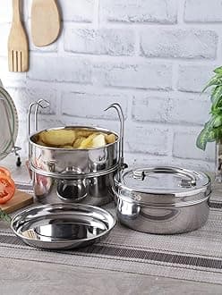 neelam Stainless Steel 26 Gauge, Clip Carrier Lunch Box 3 Containers, 2100 ml, Ideal for Storing Food, Durable Quality, Perfect for Daily Uses, Durable & Elegant Storage, Size 9 * 3 Tiffin Box