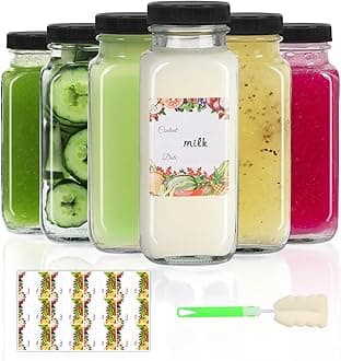 AuroTrends8 oz Glass Bottles with Lids 6Pack, 250ml Glass Bottles for Juicing, Water, Kombucha - Portable Glass Juicing Bottles Reusable Glass 8oz (8fl.oz, Set of 6)
