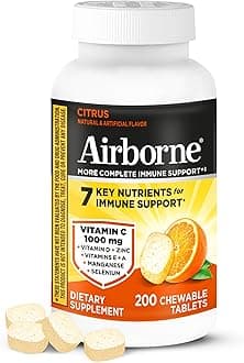 Airborne Citrus Chewable Tablets, 200ct | Immune Support Supplement with 1000mg Vitamin C + Vitamins A, D, E, Zinc,Selenium, & Manganese | Herbal Blend | Gluten Free