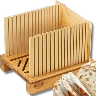 mama´s great Bamboo Bread Slicer for Homemade Bread - Adjustable Slice Width Bread Slicing Guides with Sturdy Wooden Cutting Board - Compact & Foldable - Makes Cutting Bagels or Even Bread Slices Easy