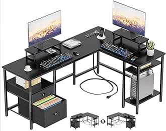 Furologee 59” L Shaped Desk with Power Outlet, Reversible Computer Desk with File Drawer & 2 Monitor Stands, Corner Home Office Table with Storage Shelves for Gaming Writing, Black