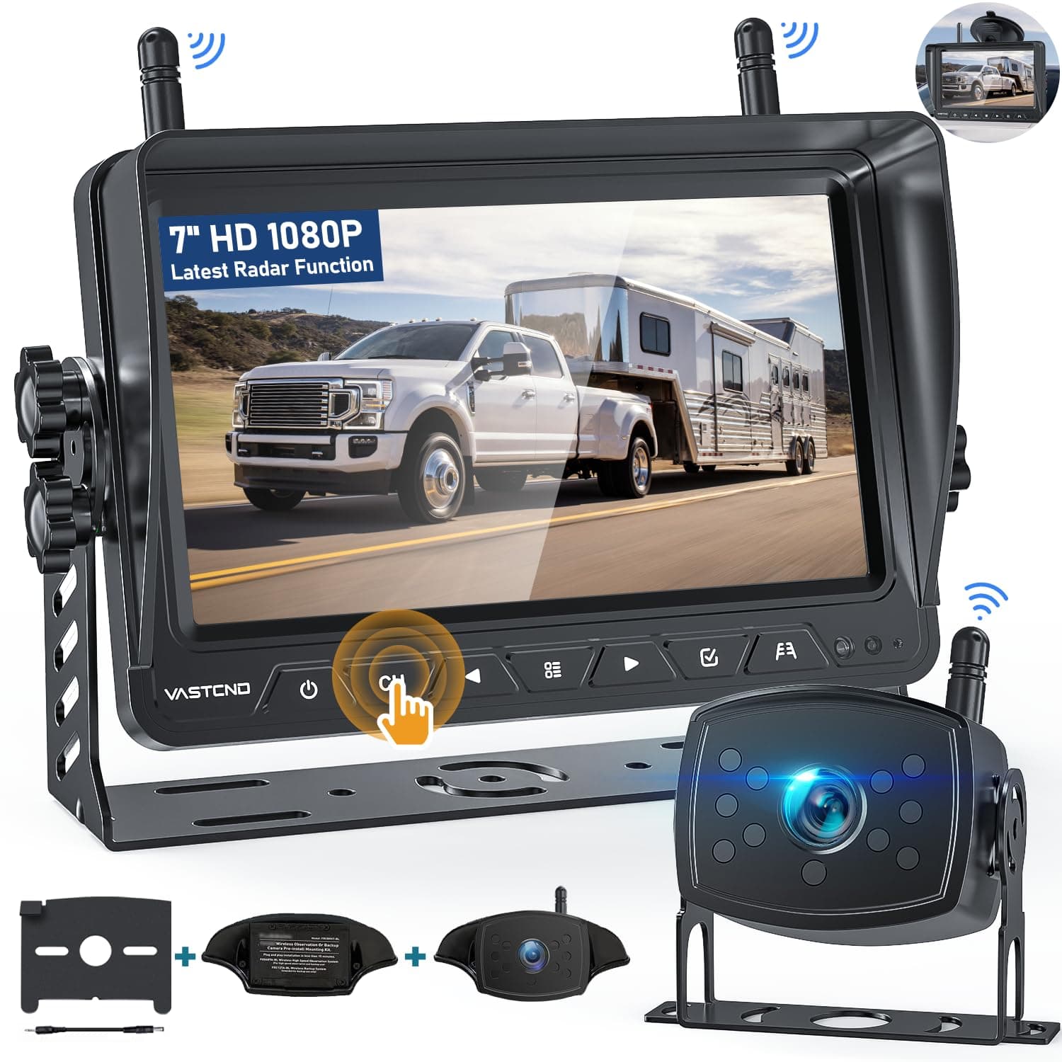 VASTEND Wireless Reversing Camera with Radar Function, 1080P HD Rear View Cam Split Screen 4 Channels Parking System with 7" Touch Key Monitor, Night Vision Reverse Cam Kit for Car, RV, Truck(M1 Pro)