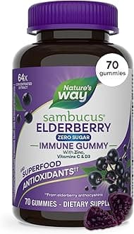 Nature’s Way Sambucus Zero Sugar Immune Gummies, Daily Immune Support*, Black Elderberry Extract, Vitamin C, Vitamin D3, Zinc, Sugar Free, Sugar Alcohol Free, Plant-Based Sweeteners, 70 Gummies
