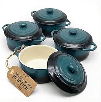 Kook Ceramic Mini Cocotte Set, Small Casserole Dishes with Lids and Handles, Individual Baking Ramekins, Oven safe 350F, Microwave & Dishwasher Safe, Stoneware, 12 oz, Set of 4, (Stone Ombre)