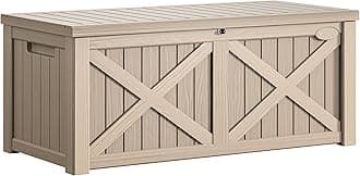 YITAHOME 120 Gallon Large Deck Box w/Flexible Divider & Storage Net, Resin Outdoor Storage Boxes, Waterproof Cushion Storage Bench for Patio, Pool Supplies, Garden Tools - Lockable, Light Brown
