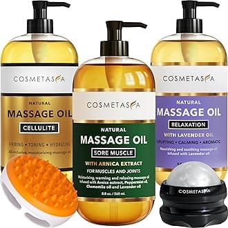 Body Massage Oil for Massage Therapy Kit - Arnica Sore Muscle Massage Oil, Cellulite Massage Oil, Lavender Massage Oil, Skin Massage Roller Ball, Massager Mitt - Relaxing Luxury Spa Gift Set