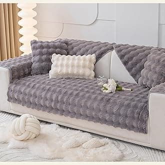 MERRYLIFE Thick Plush Faux Rabbit Fur Sofa Slipcovers 1-Piece Non-Slip Warm Soft Cozy Couch Covers Pillow Covers Furniture Protector(Grey, Sofa Cushion 90 * 120cm)